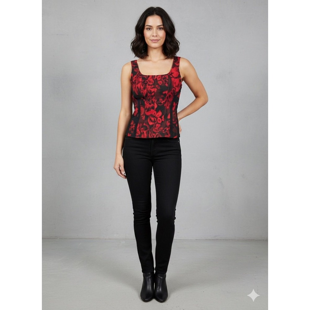 Cache red and black floral corset‎ style structured sleeveless top womens small